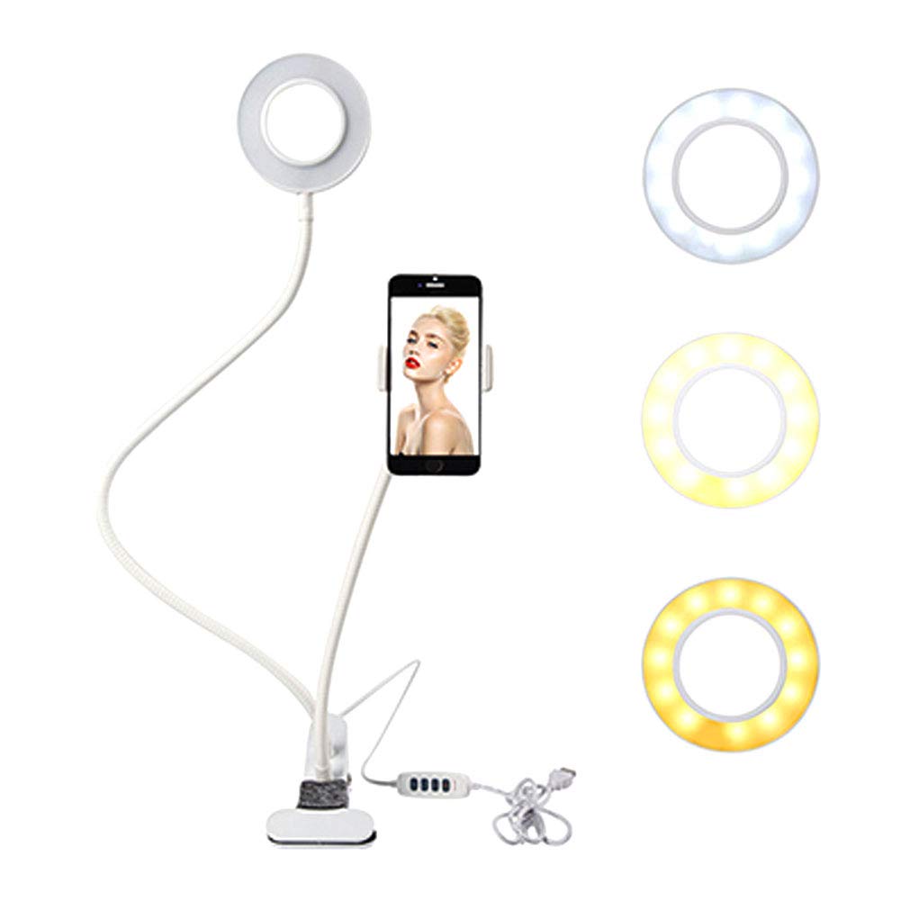 Desktop Selfie Beauty Ring Fill Light, Universal Selfie Ring Light with Flexible Mobile Phone Holder Lazy Bracket Desk Lamp LED Light for Live Stream[Multiple Choice],White