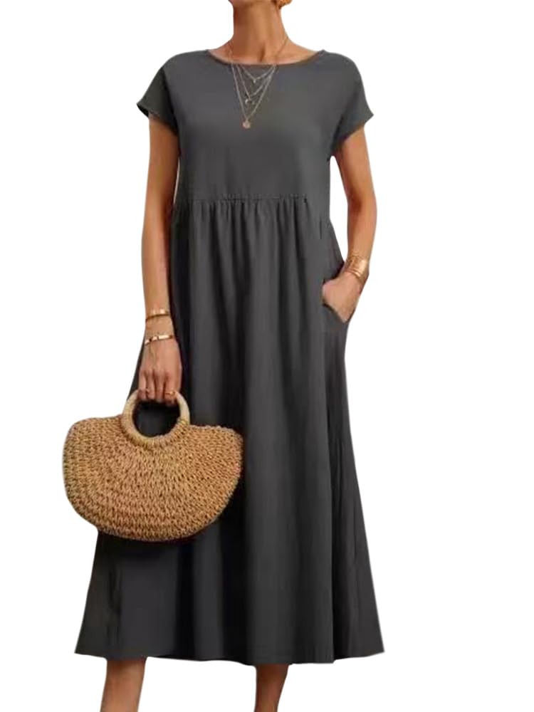 LOAIHA 2023 Womens Summer Dresses Casual Loose Crewneck Short Sleeve Dress Swing Comfy Beach Sundress with Pockets