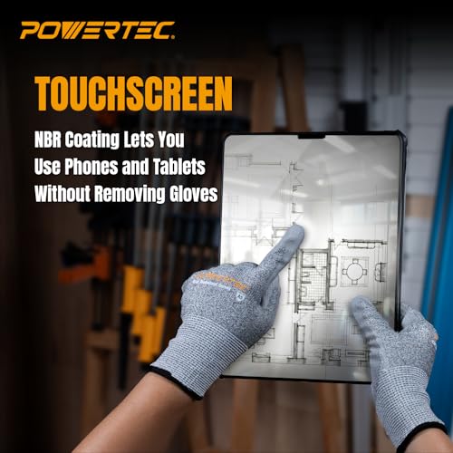 Image of POWERTEC Cut-Resistant Work Gloves ANSI A5 - Touchscreen-Compatible, Oil-Resistant Grip, Breathable & Washable Safety Gloves for Construction, Tile Installation & Metalwork, 1 Pair, Size L (72376)