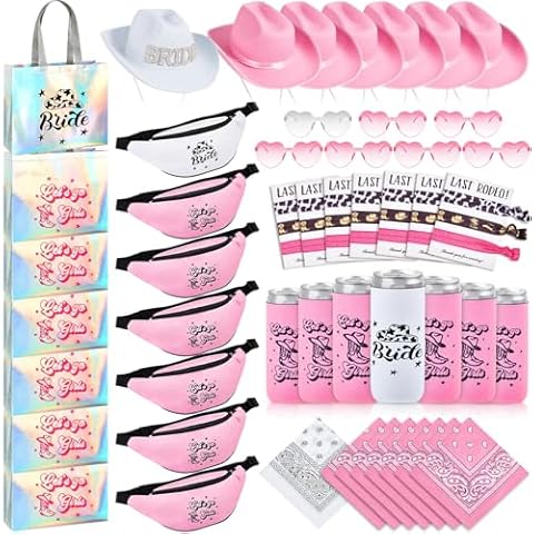 ShinyMatch 49 Pcs Cowgirl Bachelorette Party Favors Set Bachelorette Cowgirl Hats Bridesmaid Fanny Pack Can Sleeves Cowgirl Hair Ties Paisley Bandanas Heart Glasses Tote Bags for Bridal Shower Cover
