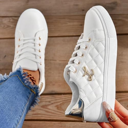Women's Sneakers 2025 Fashion Round Toe Comfortable Lace Up Metal Decor Flats Breathable Padded Insole Low-Top Classic Platform Orthopedic Slip on Soft Tennis Shoes for Running Walking Sports4