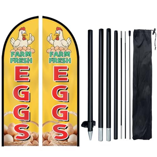 WOANIXY Farm Fresh Eggs Feather Flag With Pole Kit, Double Sided 8FT Durable Polyester Outdoor Advertising Flag, Roadside Sign For Egg Sales, Farm Stand, Farmers Market & Backyard Chicken