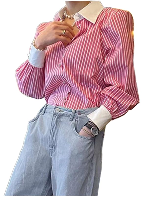 Women Pure Cotton Striped Formal Shirt with Soft Finish Fabric, Comfortable Regular Fit, Office Wear Top for Daily Workwear and Casual Styling in Pink-picture-39