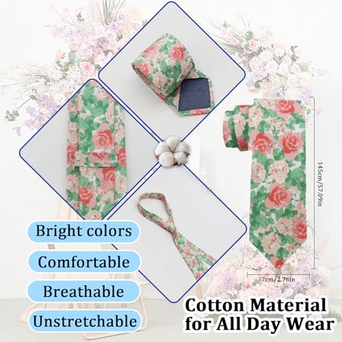 Image of Luckyvestir Ties for Men, Sage Green Cotton Floral Tie 2.76 inch Flower Printed Men's Neckties for Wedding /Groomsmen /Suit /Party