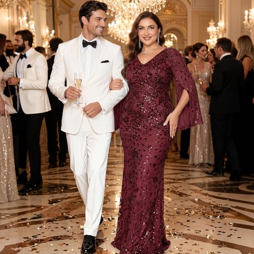 Image of Plus Size Formal Dresses for Women with Embroidery Sequin and Cape Sleeve, V-Neck Maxi Dress for Wedding and Party