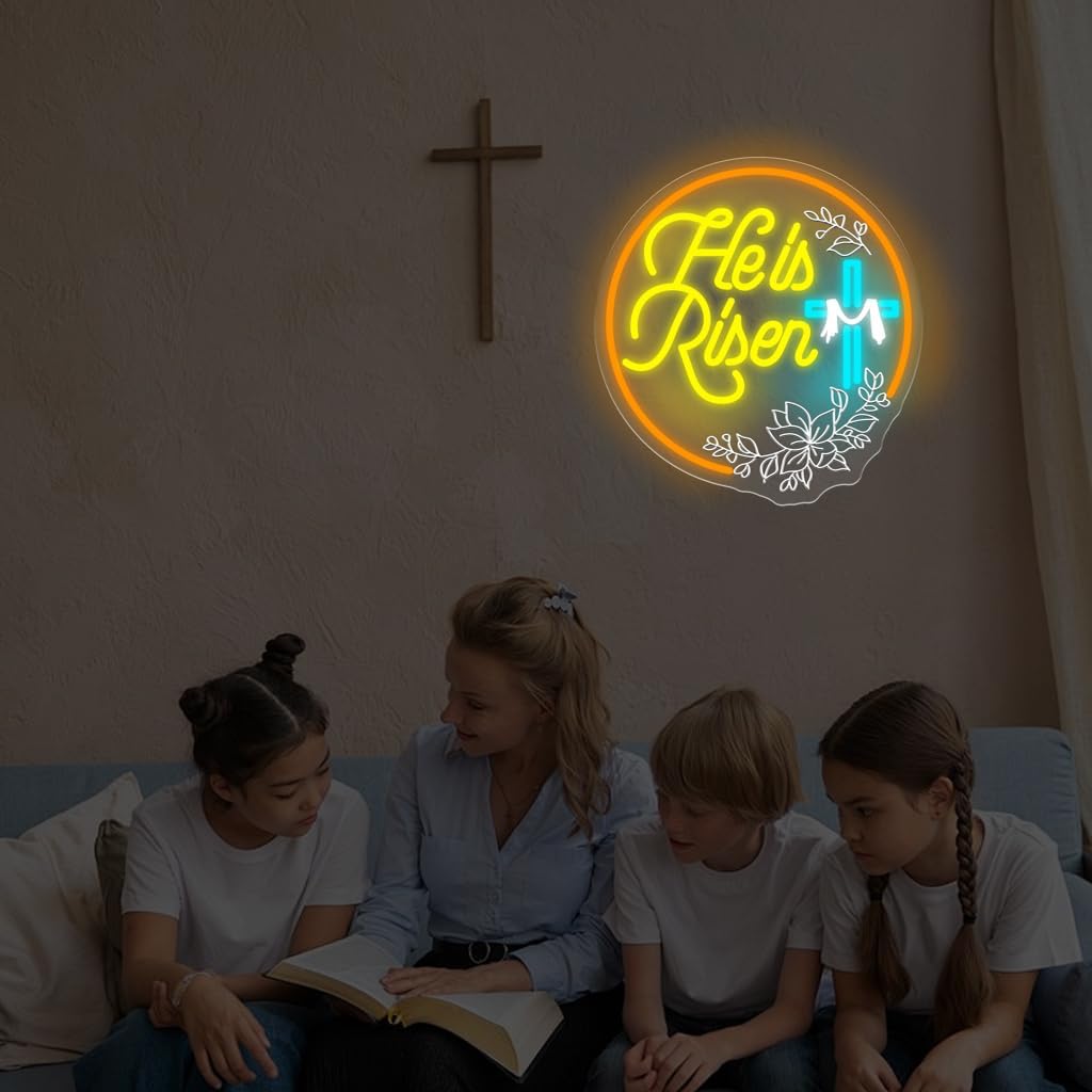 He Is Risen Neon Sign Christian Decor for Home Wall Living Room Entryway, Religious Easter Wall Decor for Church Prayer Room, Faith Gift for Believers Family, Dimmable LED USB Powered 14.2"x13.4"
