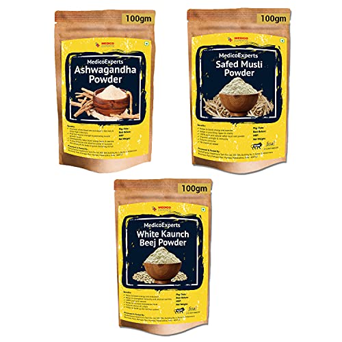 Image of MEDICO EXPERTS Ashwagandha Powder, Safed Musli Powder, White Kaunch Beej Powder - 300gm (100gm x 3 pack) | 100% Pure & Natural | For Strength, Stamina, Performance, Vitality, Natural Immunity