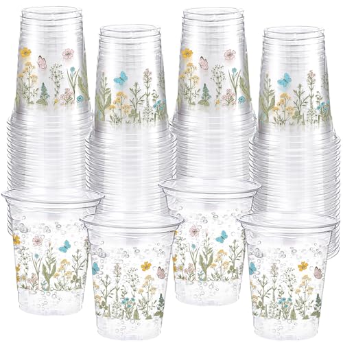 Funnymoom 60 Pack Wildflowers Plastic Cups 12 oz Floral Botanical Disposable Clear Plastic Drinking Cups for Summer Spring Birthday Wedding Bridal Baby Shower Party Decoration Supplies