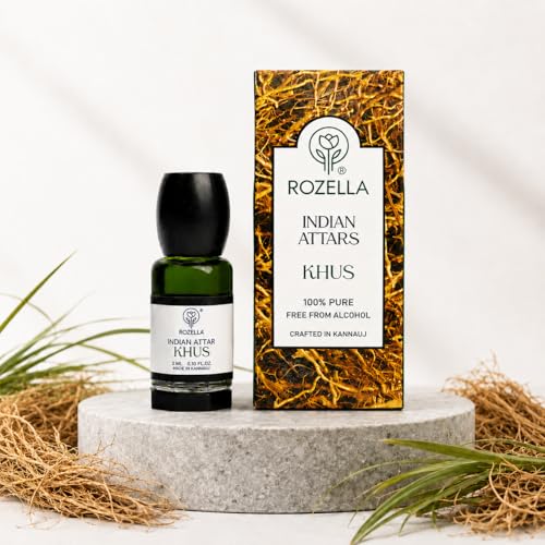 Image of ROZELLA Khus Authentic Attar for Men and Women | Cool Earthy Freshness Perfume Oil | Traditional Fragrance Blend | Non Alcoholic Long Lasting Aroma Attar Roll On | 3 ml