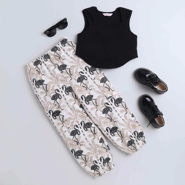 Girls Cotton Rib Sleeveless Solid Top & Palm Tree Printed Joggers Set4