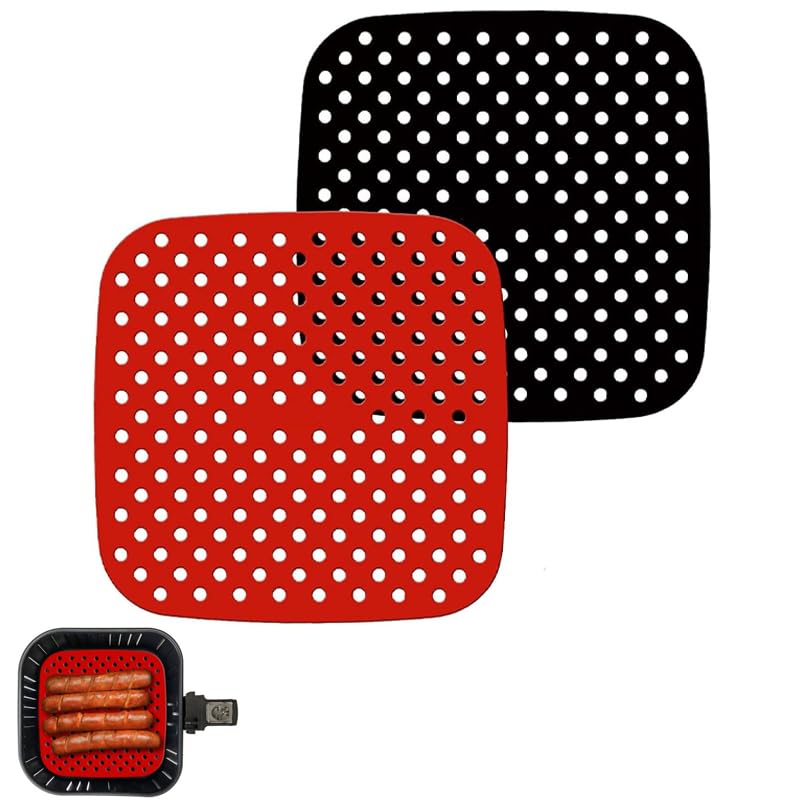 Azlanway Silicone Mats, Hot Air Fryer, Pack of 2, Red & Black, Reusable Accessories, Airfryer, Non-Stick & Heat Resistant, Perforated Silicone Baking Paper, Dishwasher Safe, BPA-Free