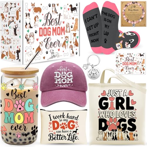 Dog Lover Socks 9 Pieces Dog Mom Gifts for Women, Best Dog Lovers Gifts for Women with 16oz Glass Cup, Baseball Cap, Tote Bag, Makeup Bag, Socks, Bracelet, Keychain for Dog Lover Birthday Christmas Mothers Day Gift