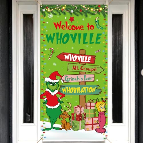 Sunwer Welcome Xmas Door Cover Green Elf Christmas Winter Holiday Party Decoration Front Porch Sign Backdrop Banner for Home Indoor Outdoor Decor