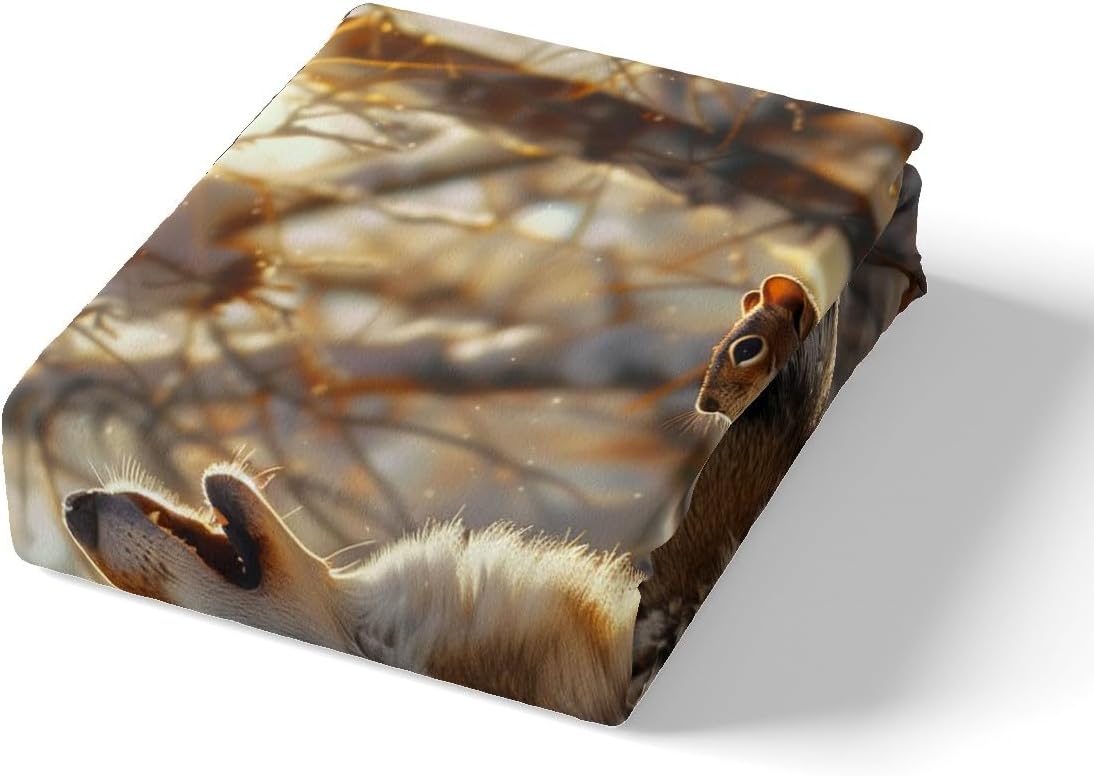 リスウルフトップフラットシーツ クイーンサイズ、ハウリングウルフ寝具セット 子供 ティーン 大人 部屋の装飾、雪の風景 木の枝 森