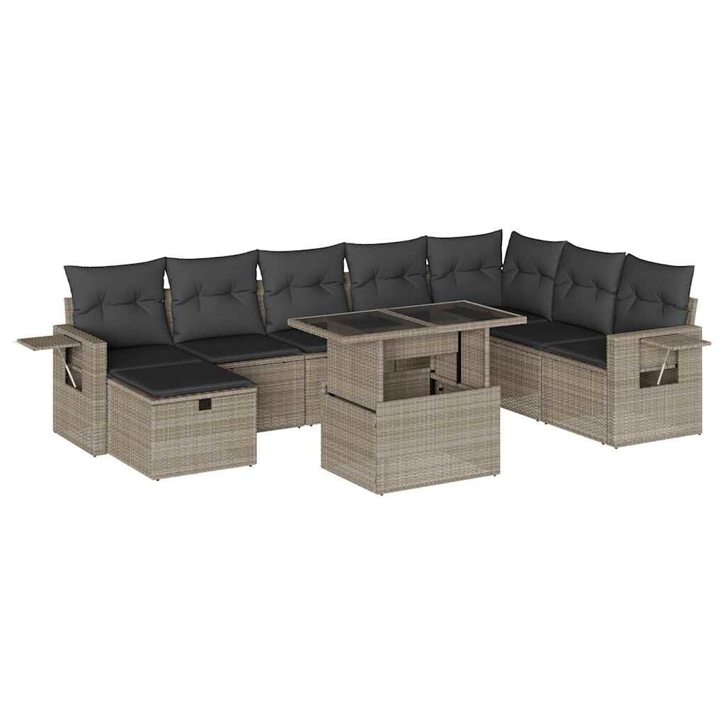 Set di 9 mobili da giardino in polyrattan, 62 x 62 x 69 cm, con tavolo regolabile e salvaspazio, grigio chiaro, cuscino refrigerante per esterni, salotto, balcone, terrazza