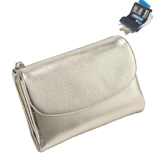 Joyfullygo Wallet, Unisex Pebble Leather Wallet, Short Genuine Leather Purse for Coins and Cards, Full Grain Leather Coin Purse, Soft Leather Wallets for Women/Men (Gold)