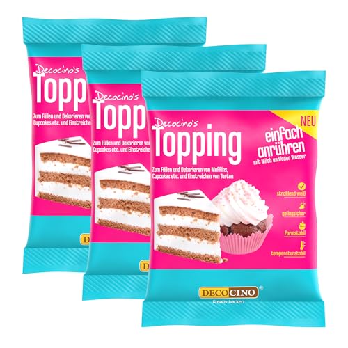 DECOCINO Extra Weiß Topping 3 x 125 g ultraweiß mit angenehmem süßem Geschmack ideal für Hochzeitstorten Geburtstage Muffins und zum Naschen