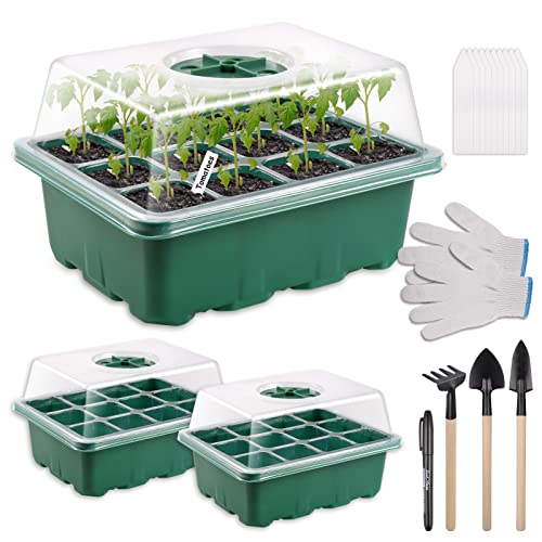 3 Semilleros de Germinacion, Semillero, Germinador de Semillas, Mini Invernadero Reutilizable Control Climático, Bandeja Semillero Diseño de Drenaje para Invernadero, Ventana, Jardín, 3 Herramientas Cover