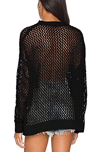 Ebifin Womens Crochet Tops Long Sleeve Beach Summer Sweater Crew Neck Mesh Cover Ups Bikini Swimsuit Tunic Pullover Tops4