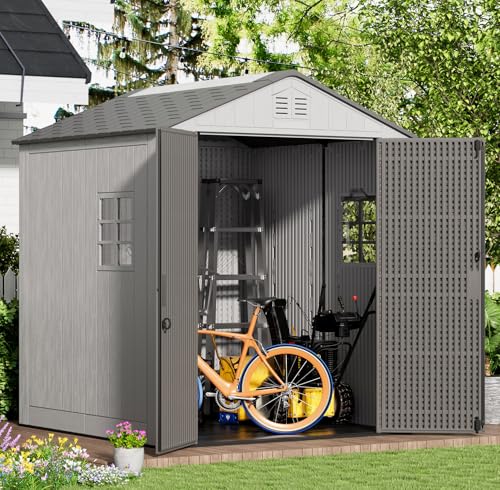 Image of KINYING 6x6 FT Outdoor Storage Shed,Resin Clearance Outdoor Sheds with Floor,Weather Resistant Garden Tool Plastic Shed with Window for Backyard, Garden, Patio, Lawn,Lockable