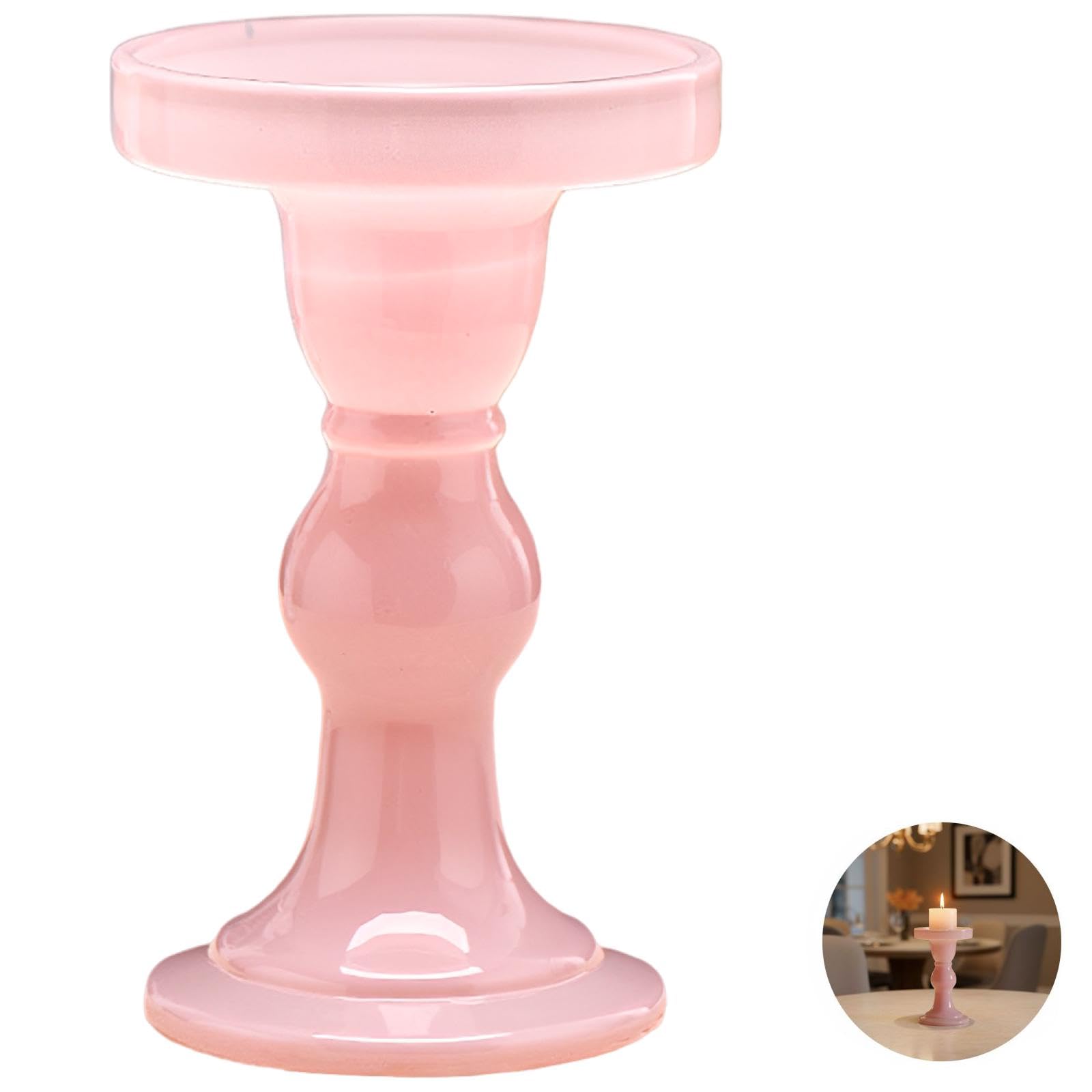 Kerzenständer Glas Set 3-teilig, Lotus Pink Sockel Kerzenhalter für Esstisch, Hochzeitsdeko, Kaminsims, Größen S, M, L