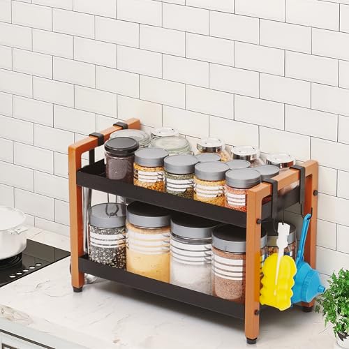 Image of Livzing Metal 2 Tier Spice Rack for Kitchen Space Saving Countertop Storage Racks Cosmetics Organizer Kitchen Shelf Bathroom Organizer Stand Multipurpose Tiered Shelves With Plastic Hooks- Black