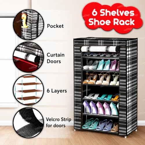 Image of Zest 4 Toyz 6 Shelf Shoe Rack for Home with Zip Door Cover & Side Pockets Shoe Stand Multipurpose Storage Rack for Footwear Toys Clothes with Dustproof Cover (Monochrome)
