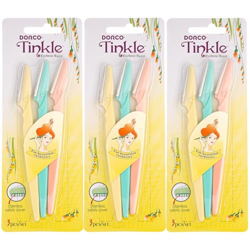 Tinkle Dermaplaning Tool 9ct, Dermaplane Razor for Women, Safe and Easy Peach Fuzz Remover, Eyebrow Trimmer with Protective Cover (3 Packs of 3), Stocking Stuffers