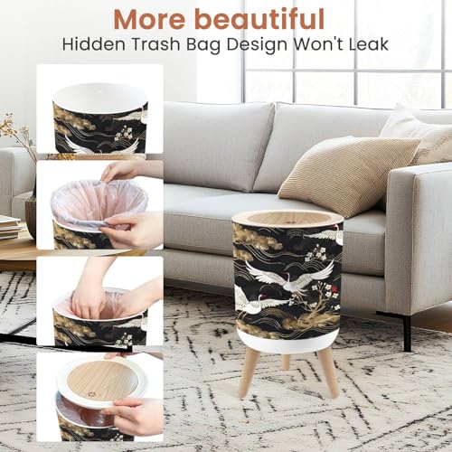 Image of Small Trash Can with Lid Japanese seamless pattern crane birds elements Asian oriental 1.8 Gallon Dog Proof Trash Can Round Garbage Can Waste Bin Wastebasket for Bathroom Bedroom Living Room