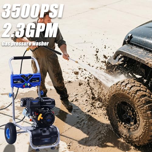 Image of 3500PSI Gas Pressure Washer, 2.3GPM Gas Powered High Pressure Washer with 209CC Engine, 4 Adjustable Nozzles, 25 ft High Pressure Hose for Cleaning Walls, Terraces, Vehicles, Garden (Blue)