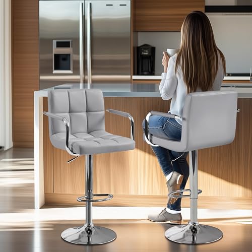 Image of Yaheetech Bar Stool, Swivel with Backs, Adjustable Height, Light Gray