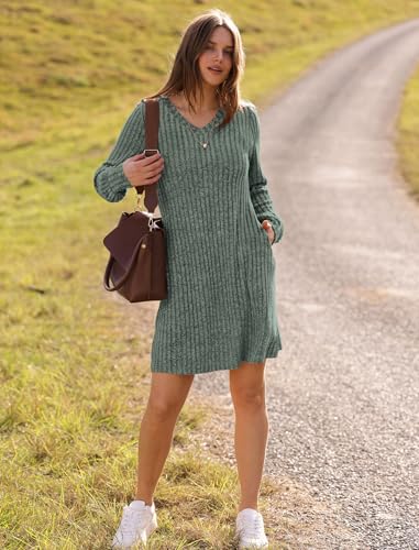Sampeel Womens Fall Dress Casual V Neck Long Sleeve Lightweight Sweater Dress Vacation Travel Outfits 2024 Green S thumb #1