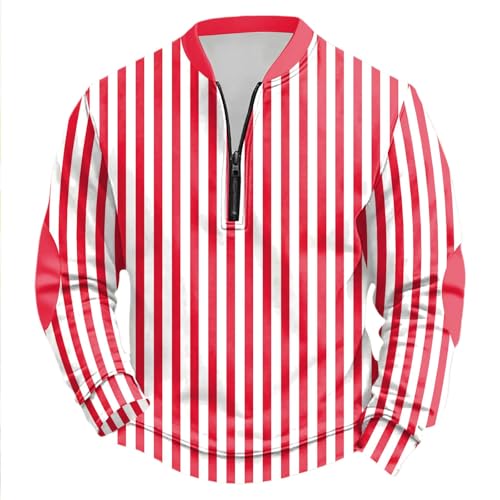 Genérico Sudadera sin Capucha y Media Cremallera a Rayas de Carnaval, Jersey de Manga Larga con Cuello Redondo, Top Deportivo Informal de Calle (Red, S)