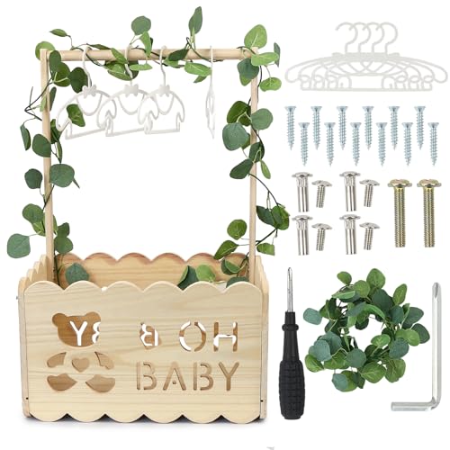 Image of Wooden Baby Shower Crate Closet with Hangers, Baby Shower Gifts Basket with Handle Garland Storage Crate Hamper for Pregnant New Parents (Wood Color)