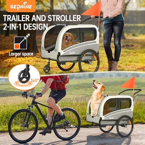 SEPNINE® 2-in-1 XXL Fahrradanhänger für Hunde, Hundeanhänger für Fahrrad - mit Dachöffnung, Reflektoren & Reflexstreifen, mit Schiebestange & Universal-Fahrradkupplung, Faltbar, Bis 50 kg