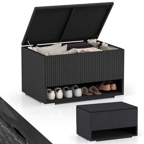 COSTWAY Gartenbox mit Schuhregal, Polyrattan Auflagenbox Wetterfest...