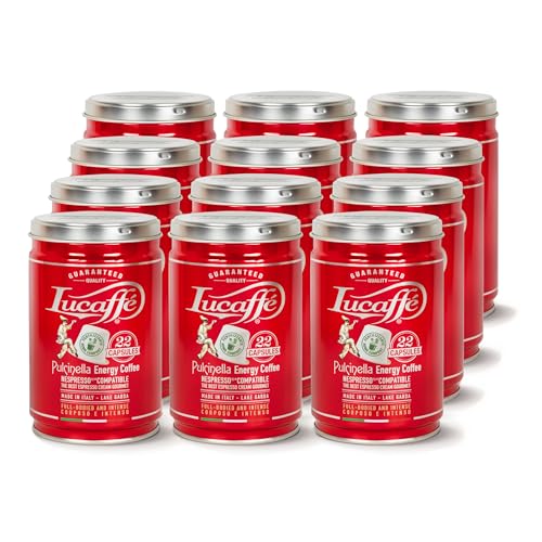 Lucaffè - 12 latas, 264 cafe capsulas compatibles con Nespresso, Pulcinella | Tueste oscuro | Sabor con cuerpo y licor | Aroma intenso y envolvente