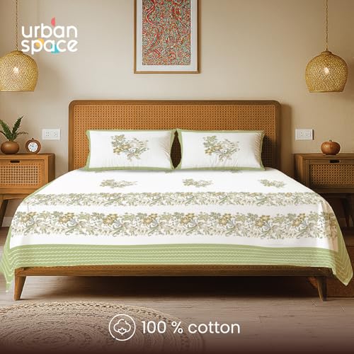 Image of Urban Space 100% Cotton Jaipuri Handblock Printed King Bedsheet with 2 Pillow Covers, 200 TC Cotton King Bed Sheet (Size 108 x 108 inches, Taarini Green)