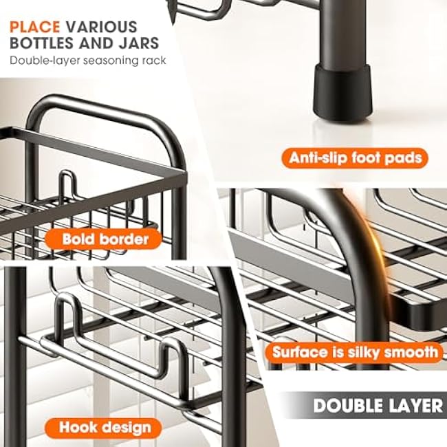 Spice Rack for Countertop, 2-Tier Standing Sturdy Metal Seasoning Organizer Holder, Space Saving Spice Shlef for Kitchen, Cabinet, Pantry Storage, Easy Assembly, Black