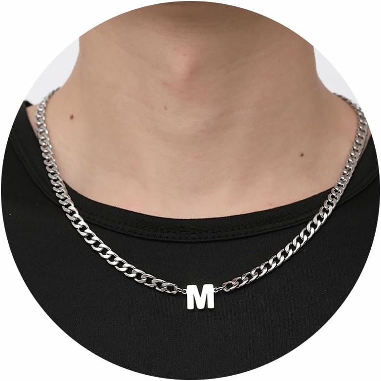 RWQIAN Letter Chain Men's Cuban Chain with Letters Pendant Rabbit Chain Silver Initials Letter A-Z Pendant Jewellery Gifts for Men