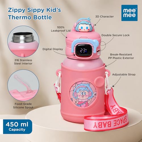 Image of Mee Mee Zippy Sippy 500ml Kids Stainless Steel Water Bottle with Smart Temperature Display | SS316 Steel | 3 Drinking Modes | Leak-Proof Insulated Hot & Cold Bottle | BPA-Free | 2-10 Years (Pink)