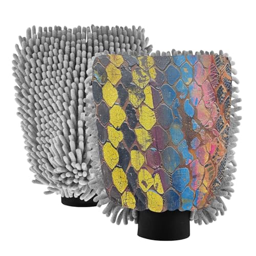 ALAZA Snake Skin Print Oil Painting Car Wash Mitt Scratch Free, 2 Pack Absorbent Microfiber/Chenille Washing & Drying Mitts, M