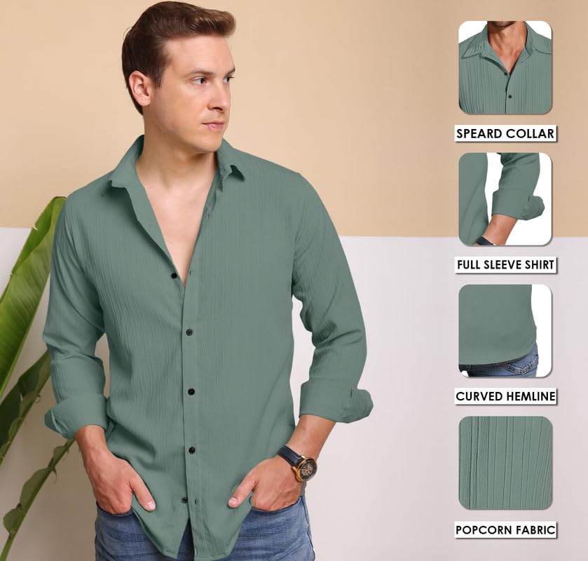 Image of Macsivo Men's Popcorn Shirt with Spread Collared Long Sleeve Button Down Closure Curved Hem Length | Linen Shirt for Man