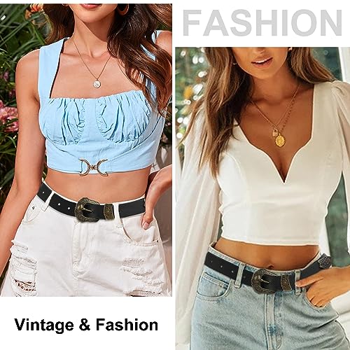 NPET Women Leather Belt, Western Vintage Waist Belt for Jeans Dresses Jeans Pants Fashion with Floral Metal Buckle Black2