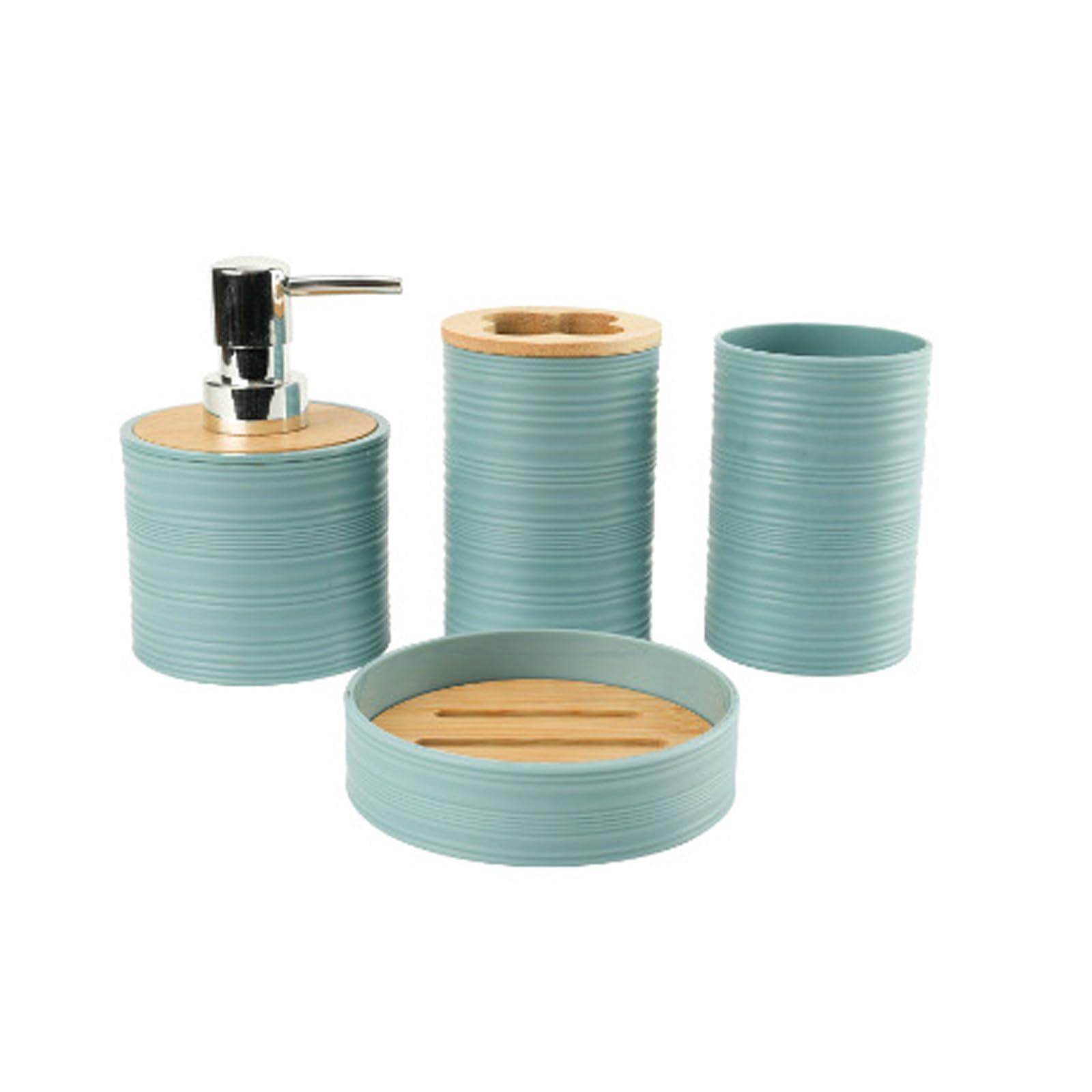 Wave-Patterned Bathroom Containers 4PCS with Natural Cane Plant Lids Polymer Toothbrush Cup Soap Countertop Set Bathroom Organizers with Lid