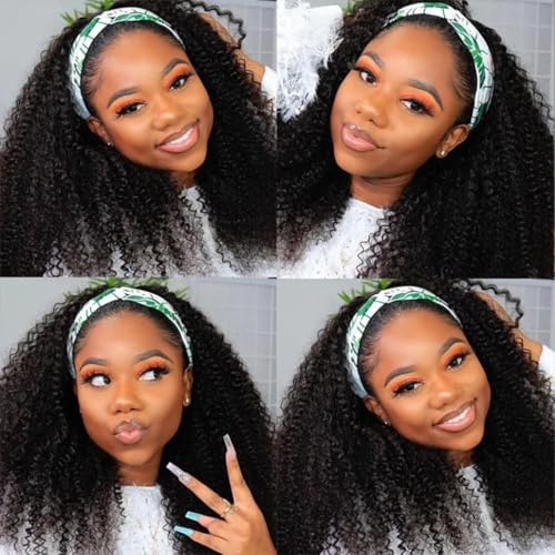 Image of 14 Inch Curly Headband Wig Human Hair 200 Density Human Hair Headband Wig Wear and Go Glueless None Lace Front Wigs for Black Women Natural Color, 100% Human Hair, No Shedding