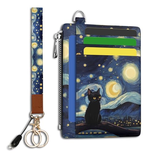 Image of Hancynir Black Cat Slim Wallet Women Credit Card Holder, RFID Blocking Front Pocket Wallet Wristlet Keychain Lanyard, Small Cute Mini Card Case, Thin Travel Zipper Coin PU Leather Ladies Female Gifts