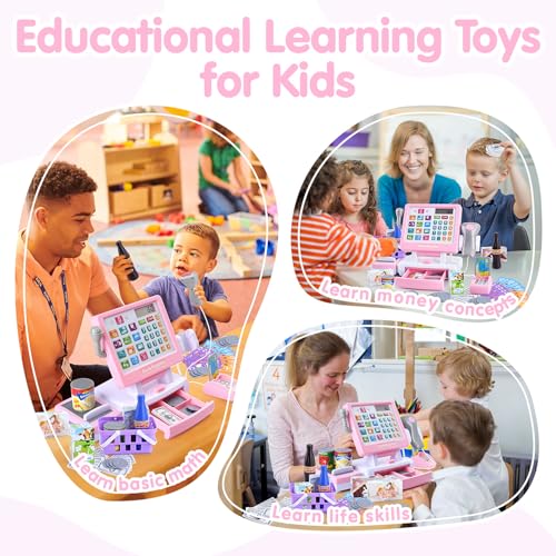 Image of PLAY Kids Cash Register Toy - Pretend Play Calculator Register Toys with Microphone /Conveyors /Play Money /Scanner /Credit Card /Cans /Drink, 3+ Toddler Develops Early Math Skills Learning Toys