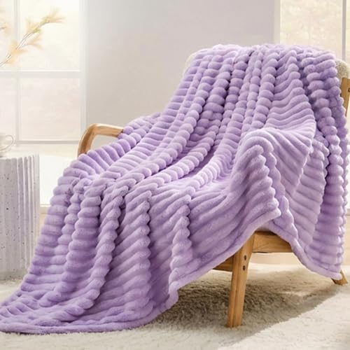 SUPRYNEX Light Purple Striped Throw Blanket 330GSM Soft Plush Fleece Blanket for Couch Sofa Travel Decorative Cozy Giftable Home Blanket 50x60 Inches