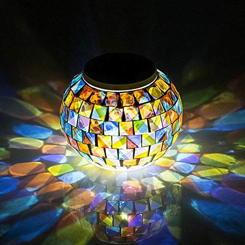 garden mile® Solar Powered Mosaic Glass Colour changing LED Lantern Table Lamp Table Light Solar Lights LED Lanterns Party Lights Night Lights Indoor Outdoor Garden Lighting Christmas Table Lamp